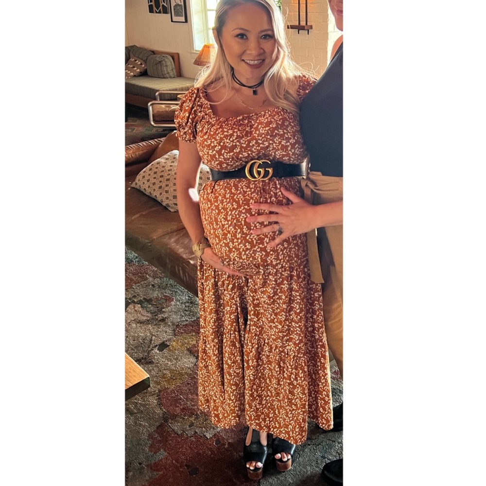 Dark Mustard Floral Off Shoulder Tiered Maternity Dress